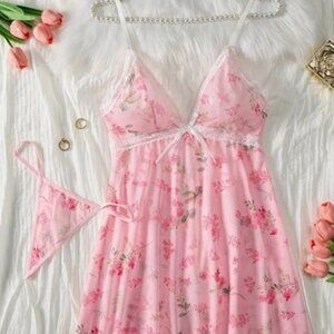 Medium -Floral Print Contrast Lace Lingerie Set, Bow, V Neck, Cami Dress & Thong